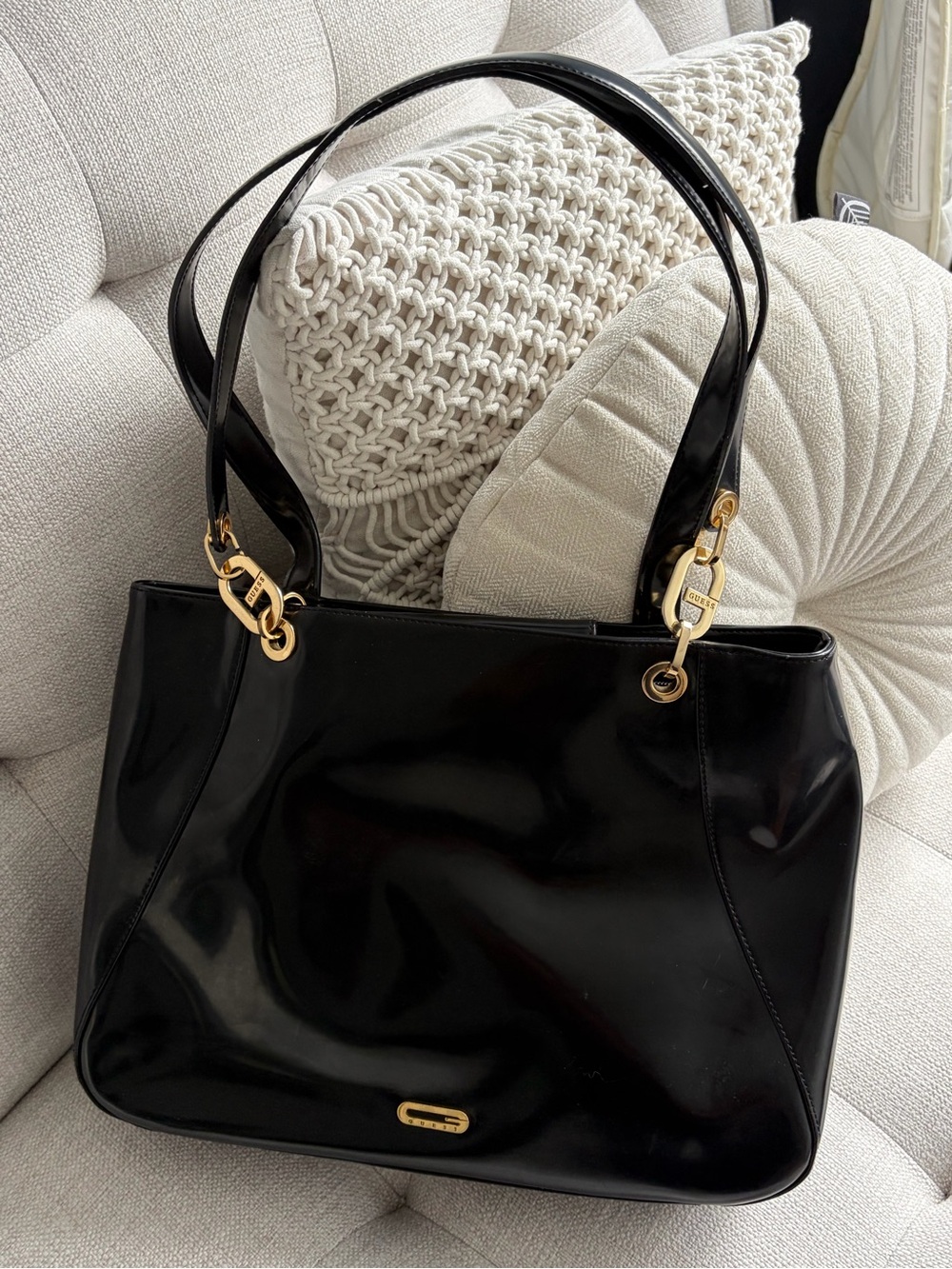 Guess Black Patent Shoulder Bag with Gold Hardware